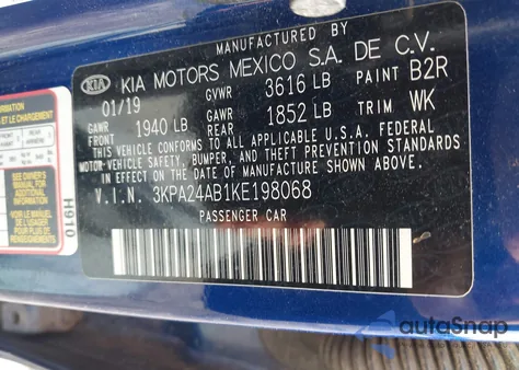 2019 Kia Rio S z USA, uszkodzony, nr VIN 3KPA24AB1KE198068